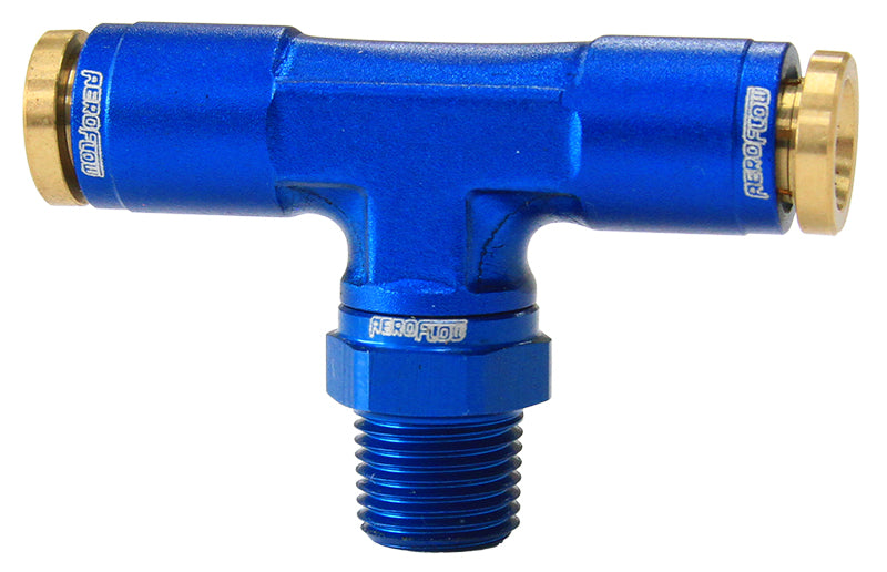 1/8" NPT TEE TO 2 X 1/4" 120 SERIES NYLON BLUE FITTING