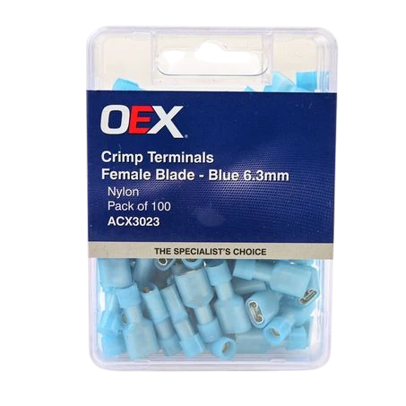 100 pack packaging for ACX3023 - OEX Crimp Terminal Female Blade Blue Terminal Entry 6.3 x 0.8mm Nylon 100 Pce