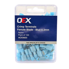 Load image into Gallery viewer, 100 pack packaging for ACX3023 - OEX Crimp Terminal Female Blade Blue Terminal Entry 6.3 x 0.8mm Nylon 100 Pce