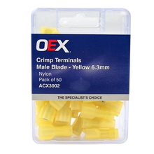 Load image into Gallery viewer, Yellow fully insulated male blade terminal OEX ACX3002 6.3 x 0.8mm 50 pack