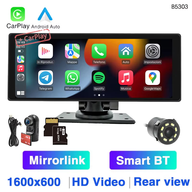 10.26 Inch Portable Car MP5 Player Mirrorlink Wireless Carplay Android Auto Car Stereo BT TF USB DVR Rearview for Universal / With 8C Dvr 64G