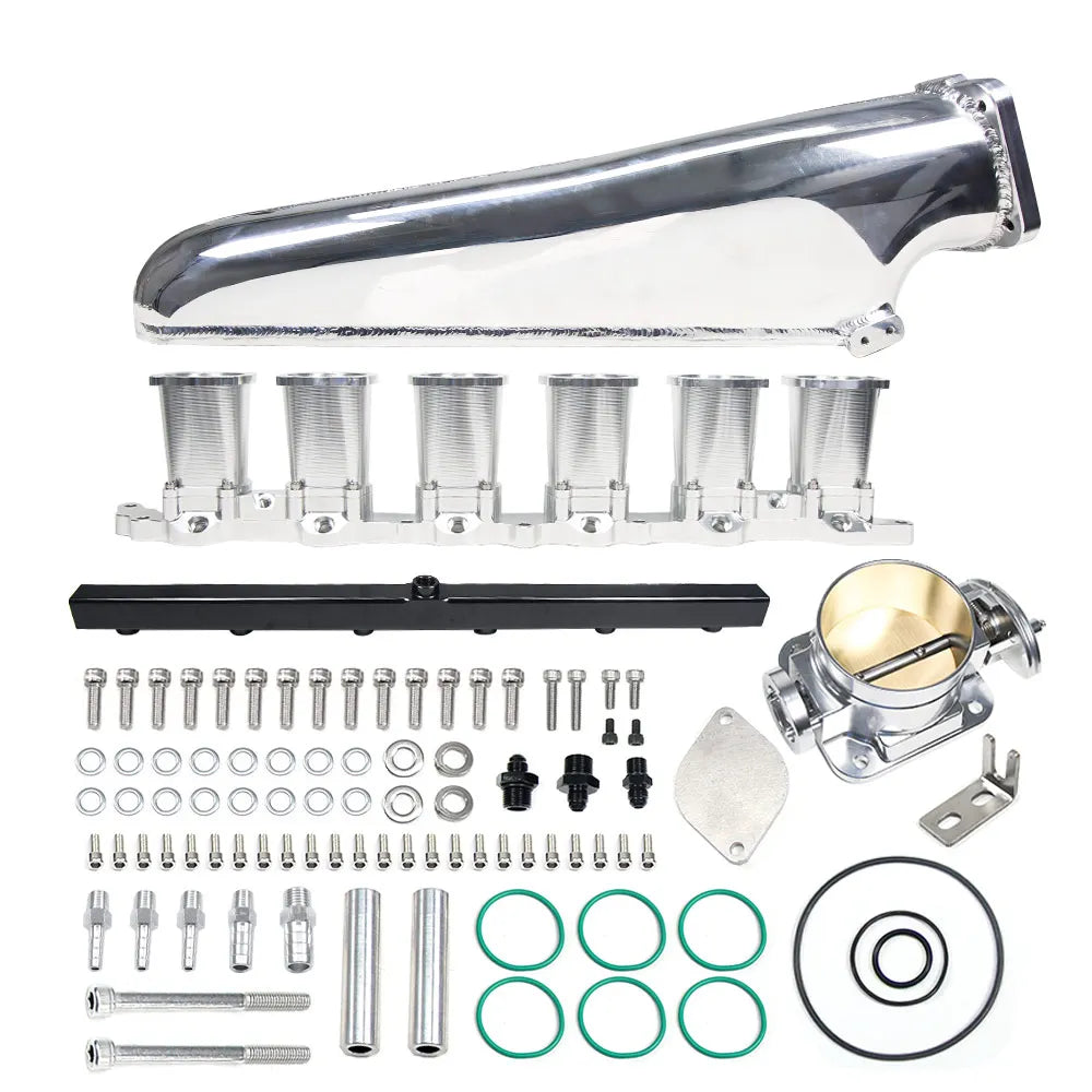 CNC 2JZ-GE Intake Manifold Fuel Rail Throttle Body Set 6 Injectors Sliver Throttle Body 90mm Suitable for Vvti and Non-v