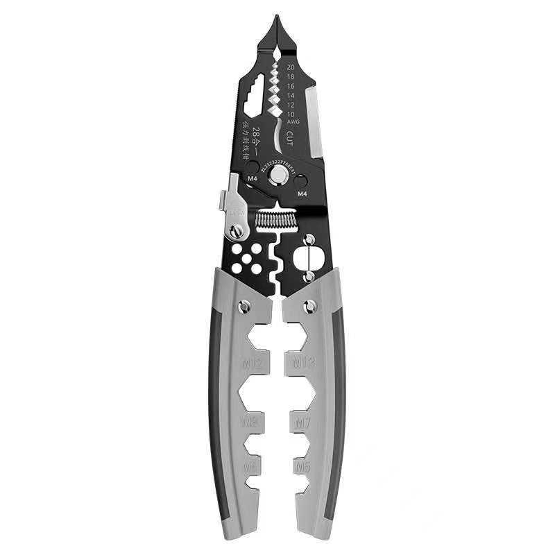 Multitool plier with various tools on a white background