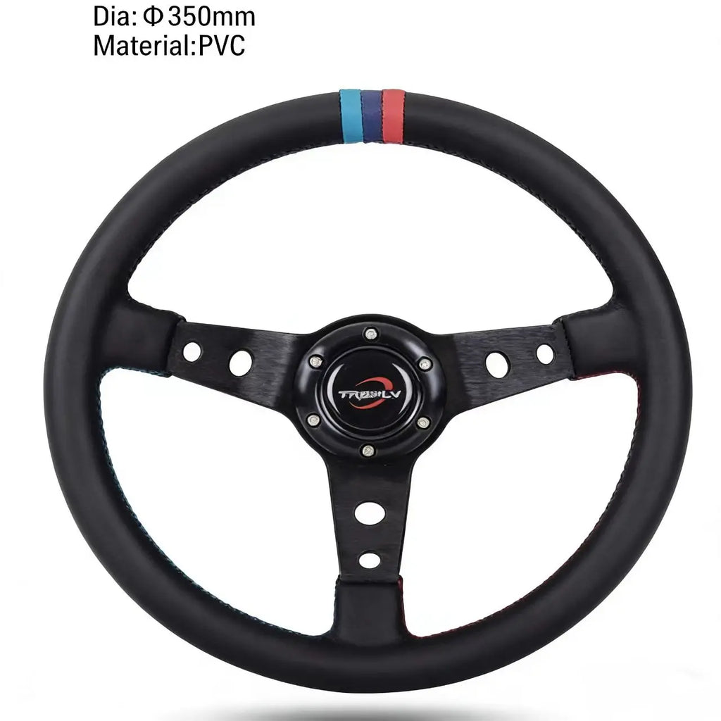 Universal 350 mm 3-Spoke Racing Steering Wheel Black/White Leather & Suede – VW, BMW