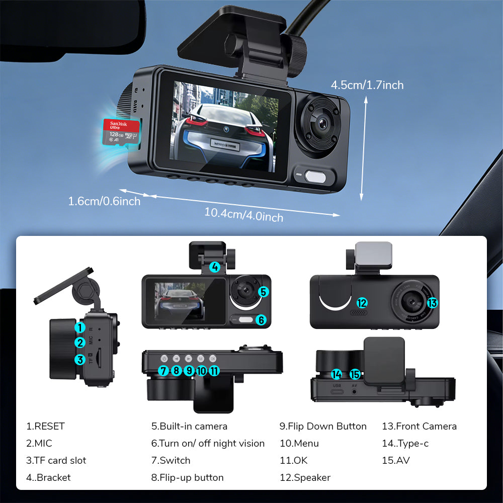 Universal 1080P 3-Channel Dash Cam (Front, Rear + Cabin)