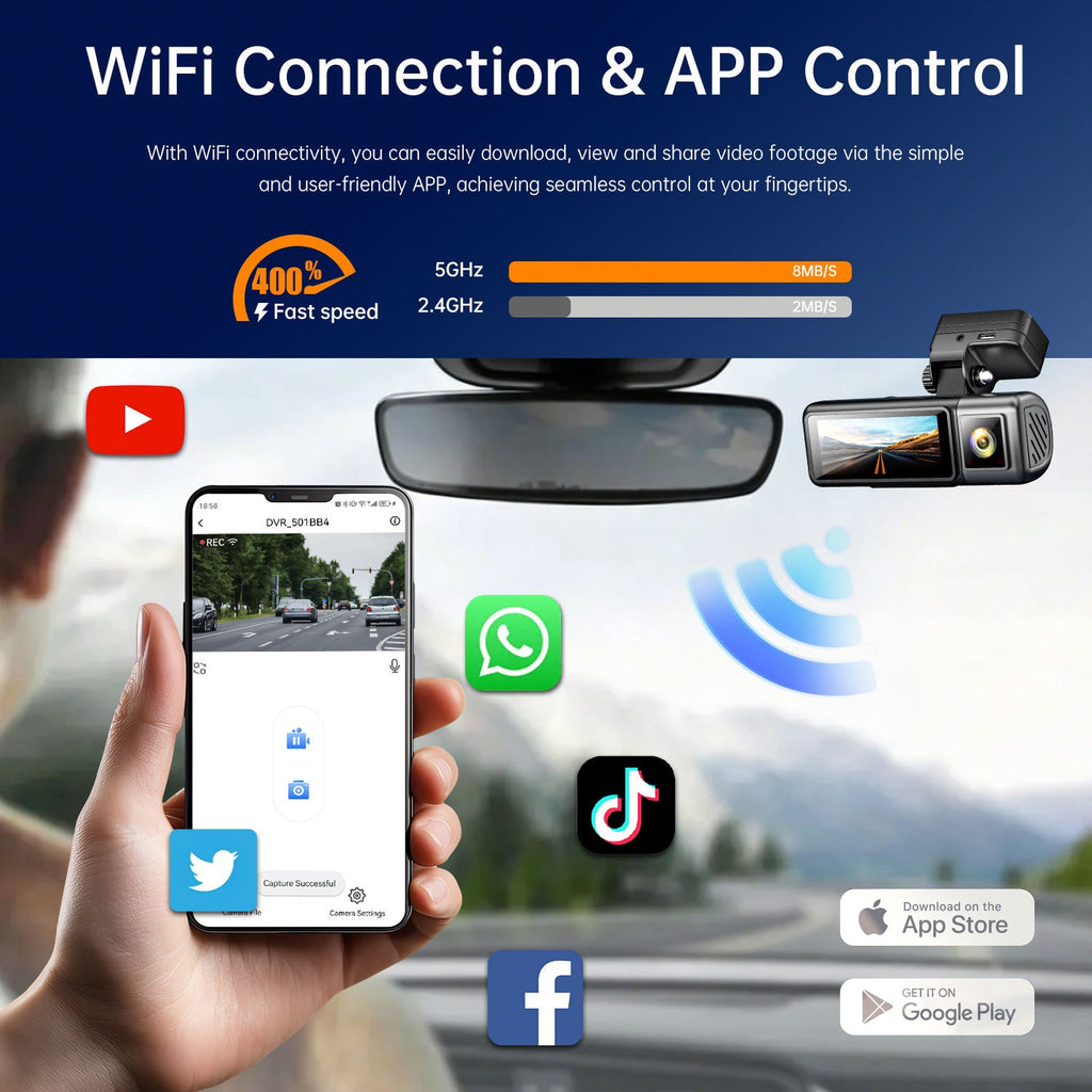 4K 3 Channel Dash Cam with WiFi & GPS | Front, Rear & Cabin Camera | Night Vision | Parking Mode