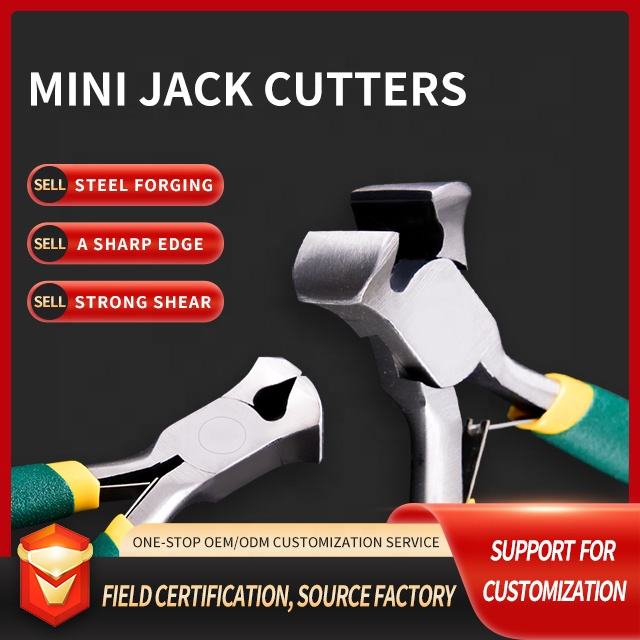 Mini jack cutters with promotional text on a black background