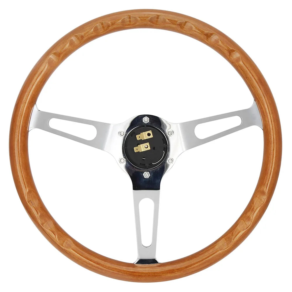 Vintage Universal 15 inch 380 mm Classic Wooden Grain Steering Wheel, Silver Chrome 3-Spoke