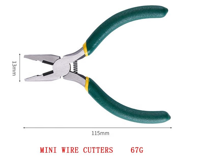 Mini wire cutters with green handles on a white background