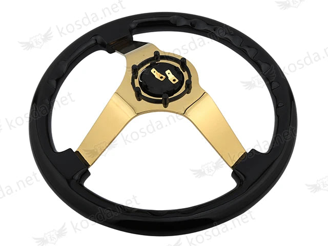Classic 14 Inch 350mm Deep Dish Black Wooden Steering Wheel with Gold Spokes