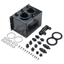 Load image into Gallery viewer, Universal 3 Litre Black Anodised Aluminium Dual Pump Fuel Surge Tank with Fuel Rail