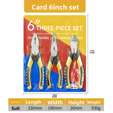 Load image into Gallery viewer, Packaging of a three-piece pliers set with dimensions and weight information.