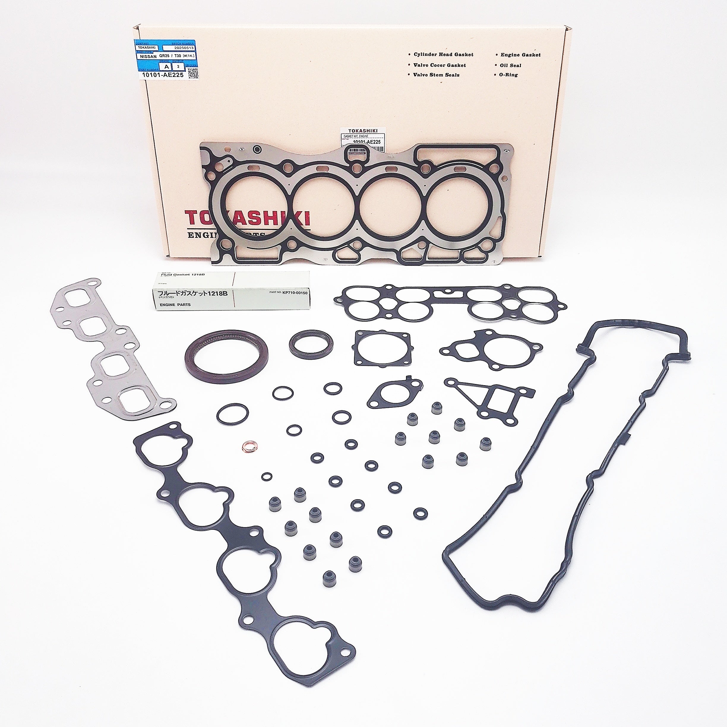 Nissan QR25DE VRS top-end gasket kit with MLS cylinder head gasket laid out