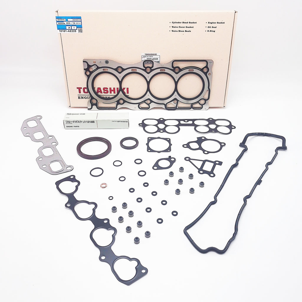 Nissan QR25DE VRS top-end gasket kit with MLS cylinder head gasket laid out