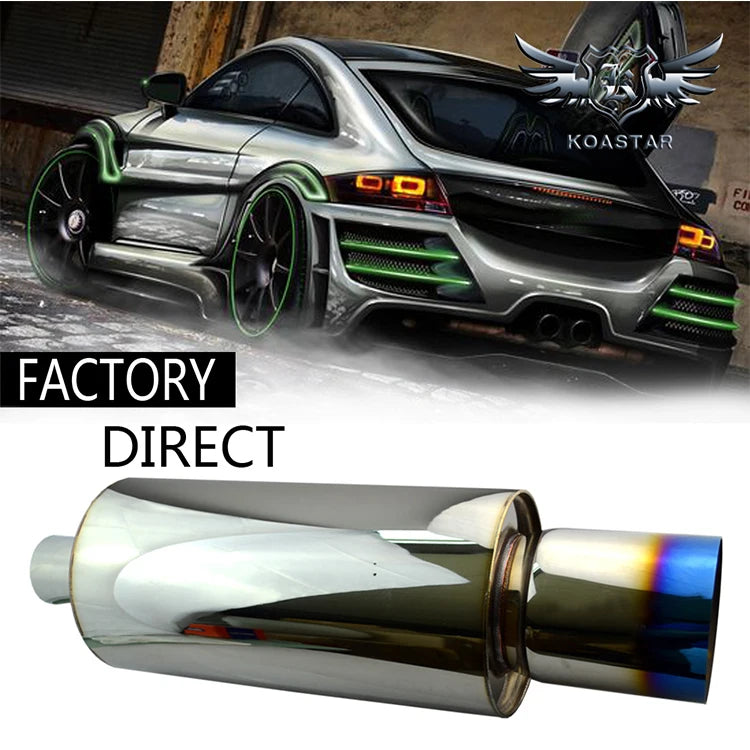 Universal Stainless Steel Exhaust Muffler - 63mm Inlet, 89mm Outlet, 530 x 127mm, Titanium Colour