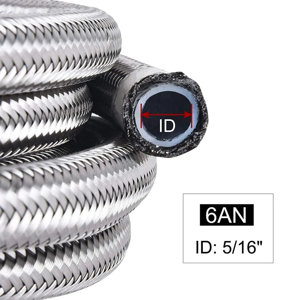 AN6 3/8 inch Black Nylon Stainless Braided PTFE E85 Fuel and Oil Cooler Hose, 20 ft / 6 m