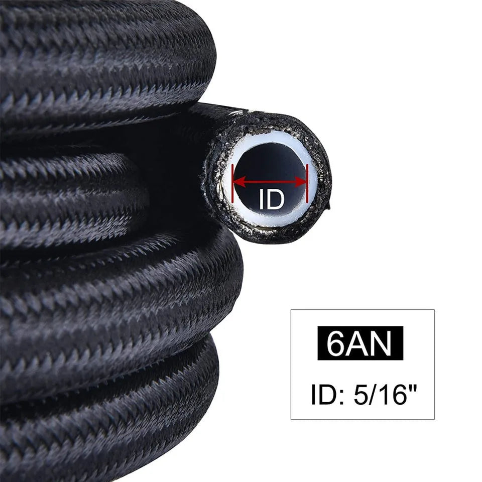 AN6 3/8 inch Black Nylon Stainless Braided PTFE E85 Fuel and Oil Cooler Hose, 20 ft / 6 m