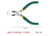 Load image into Gallery viewer, Mini diagonal pliers with green handles and measurements on a white background