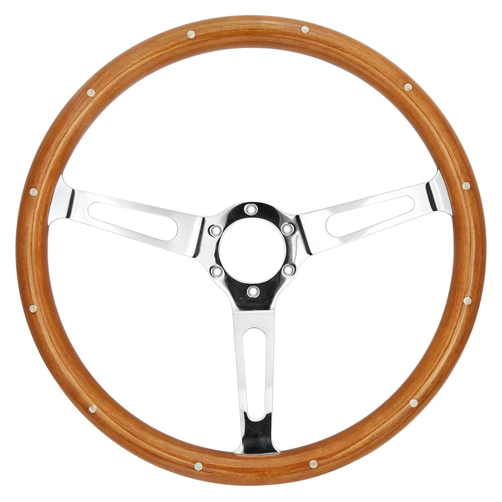 Vintage Universal 15 inch 380 mm Classic Wooden Grain Steering Wheel, Silver Chrome 3-Spoke