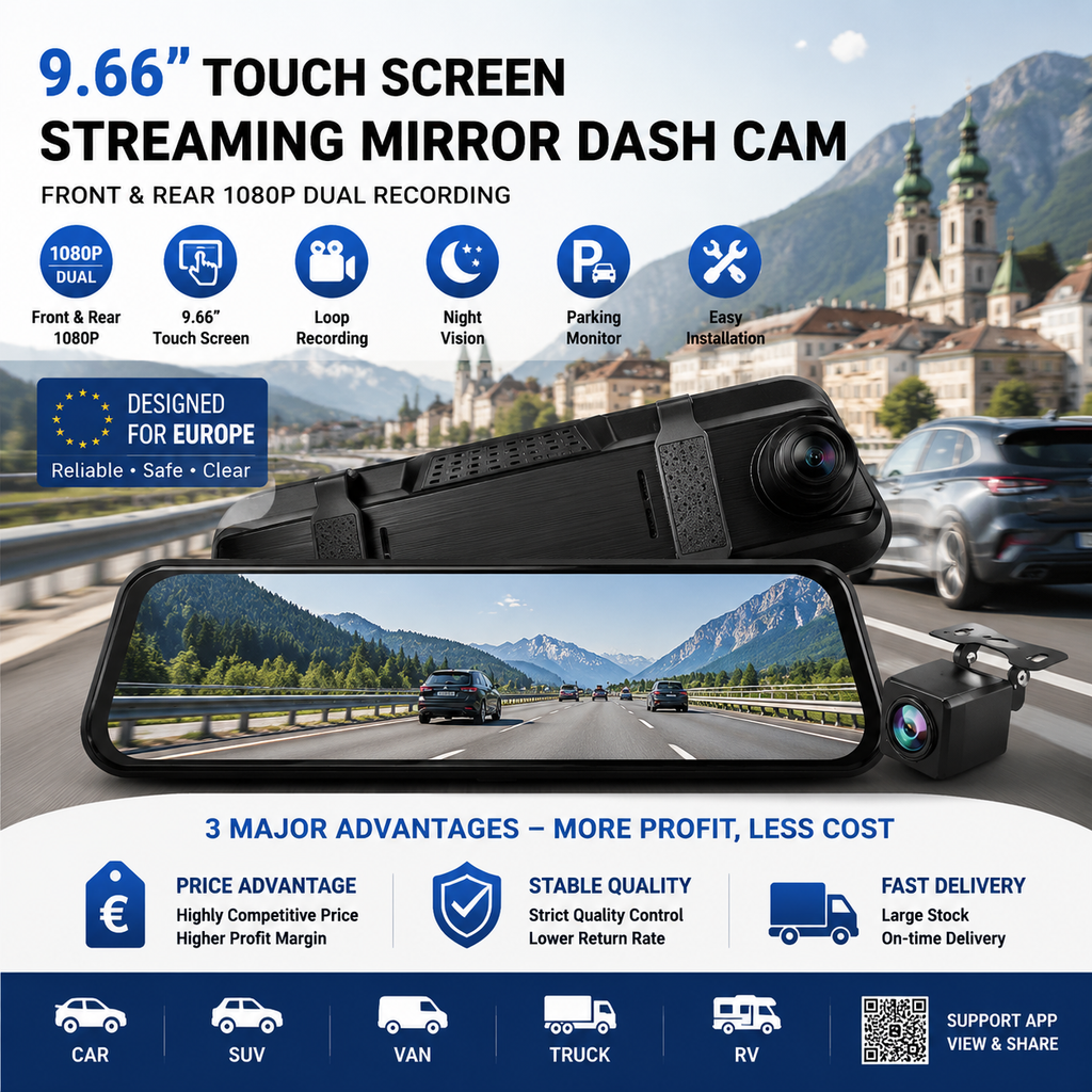 Universal 1080P 9.66 inch Rear View Mirror Dash Cam