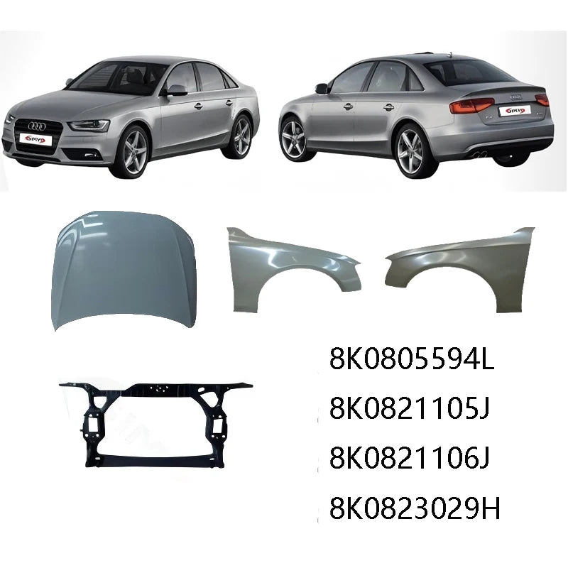 Audi A4 B8 2009–2015 Front End Radiator Support, Fender & Steel Bonnet 8K0805594L 8K0821105J 8K0823029H