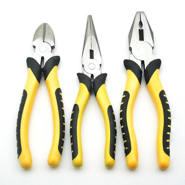 Set of four pliers with yellow handles on a white background