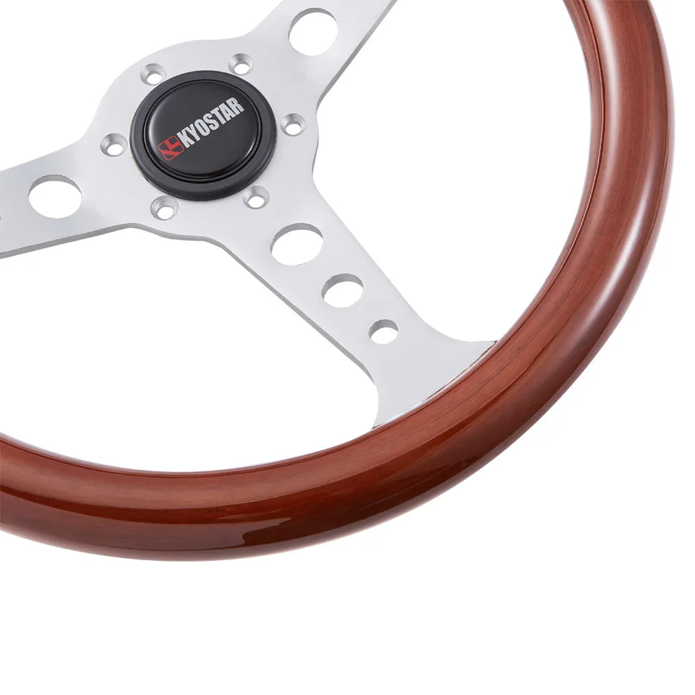 Universal 350 mm 14 inch Classic Flat Wood Grain Steering Wheel, Silver Spokes