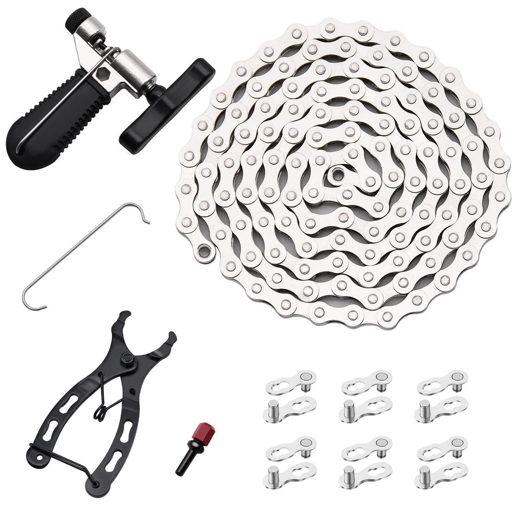 Bicycle chain and gear set with tools on a white background