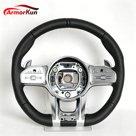 ArmorKun black leather carbon fiber steering wheel for Mercedes W205 W213 GLC C63 AMG