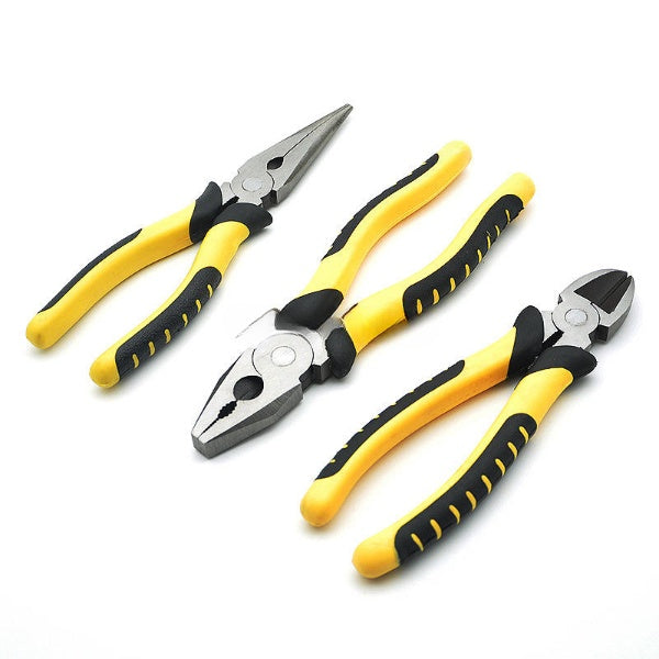 Set of three pliers with yellow and black handles on a white background