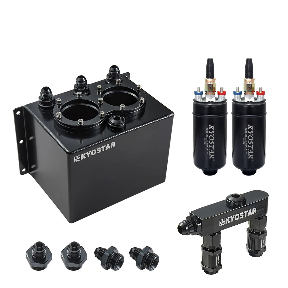 Universal 3 Litre Aluminium Fuel Swirl Surge Pot with Fuel Rail for Dual External Pumps - Black