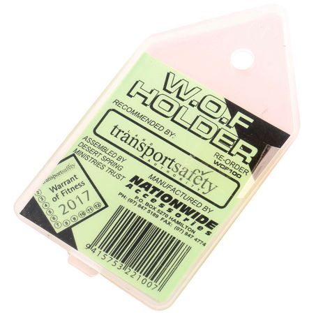 Clear plastic Wildcat WOF100 Warrant of Fitness holder, easy to install.