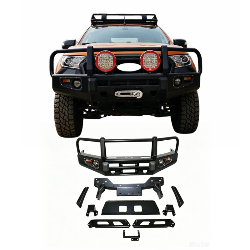 New Black Metal Steel Bullbar Front Bumper Kit for Ranger T6 T7 T8 2012-2021 Bolt-On Upgrade Compatible with Winch