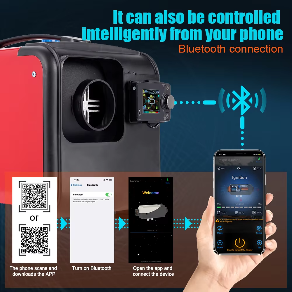 Portable Diesel Heater 2-8KW – 12V Bluetooth All-in-One Air Heater with Single Hole Outlet for Motor Trucks
