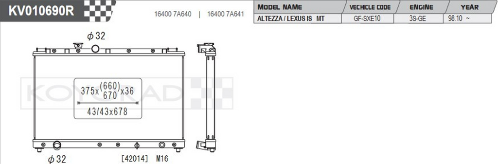 Performance Koyo Radiator, Toyota Altezza, RS200, SXE10, 3S-GE, 2.0L, 36mm, 98/05, (KV010690R)