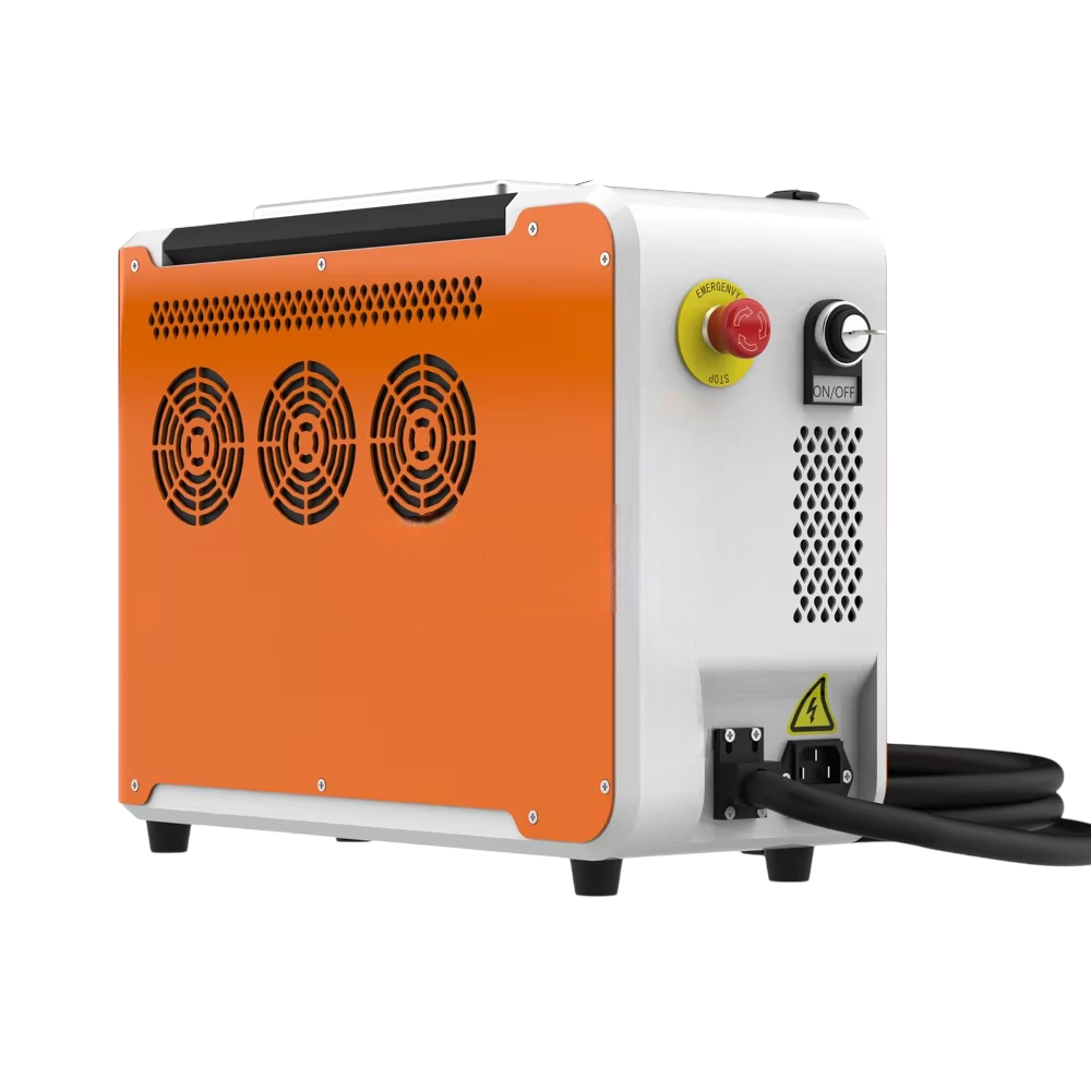 Orange and white industrial machine with various buttons and connectors on a white background