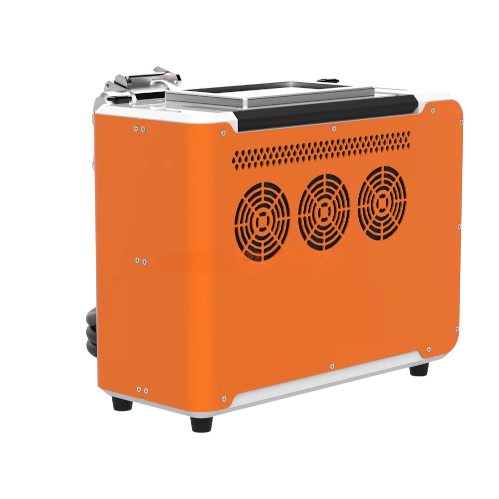 Orange and silver machine with three fans on a white background