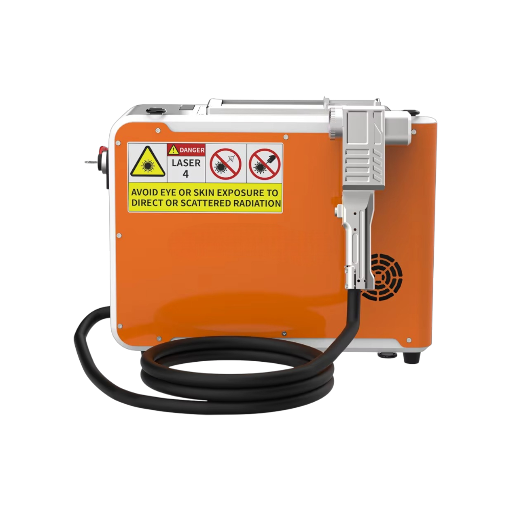Orange laser engraving machine with safety warnings on a white background