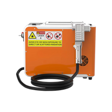 Load image into Gallery viewer, Orange laser engraving machine with safety warnings on a white background