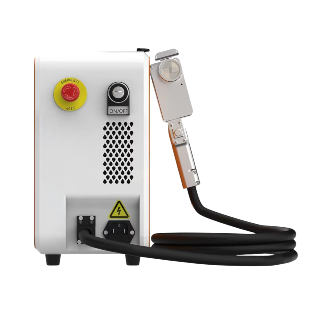 Portable laser engraving machine with control panel and power cord on a white background