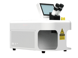 White electronic device with a screen and caution label on a white background