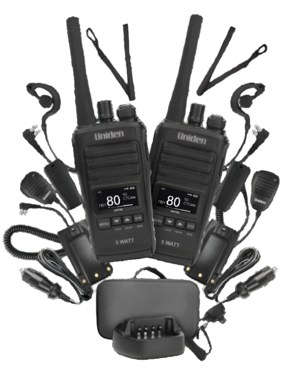 Uniden UH755-2DLX 5W UHF CB splash-proof handheld radio.