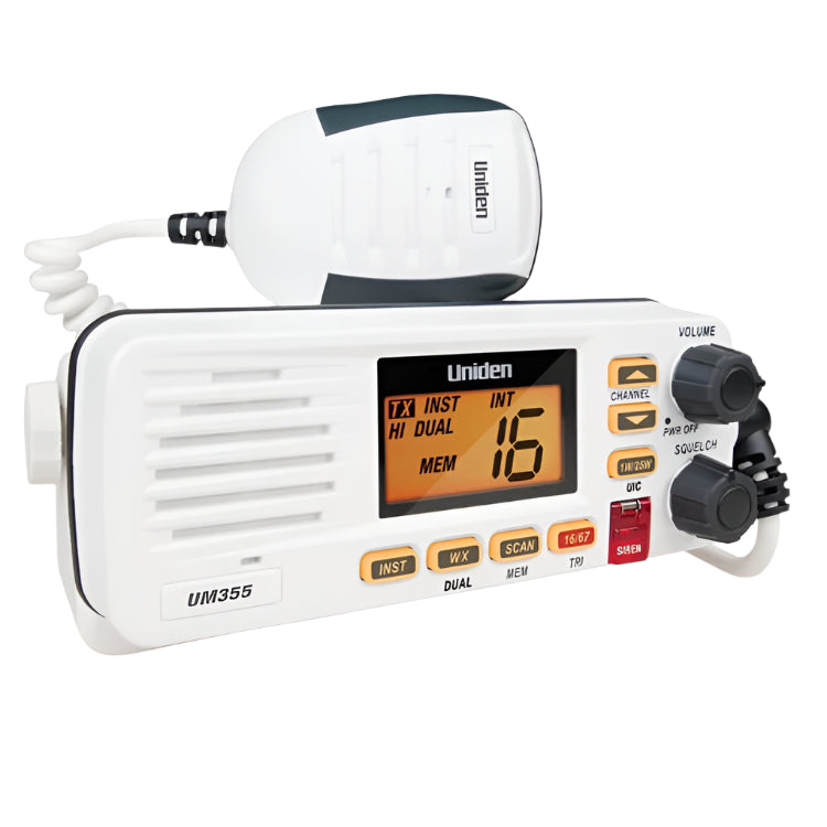 Uniden UM355 Splashproof VHF Marine Radio in white with JIS4 certification.