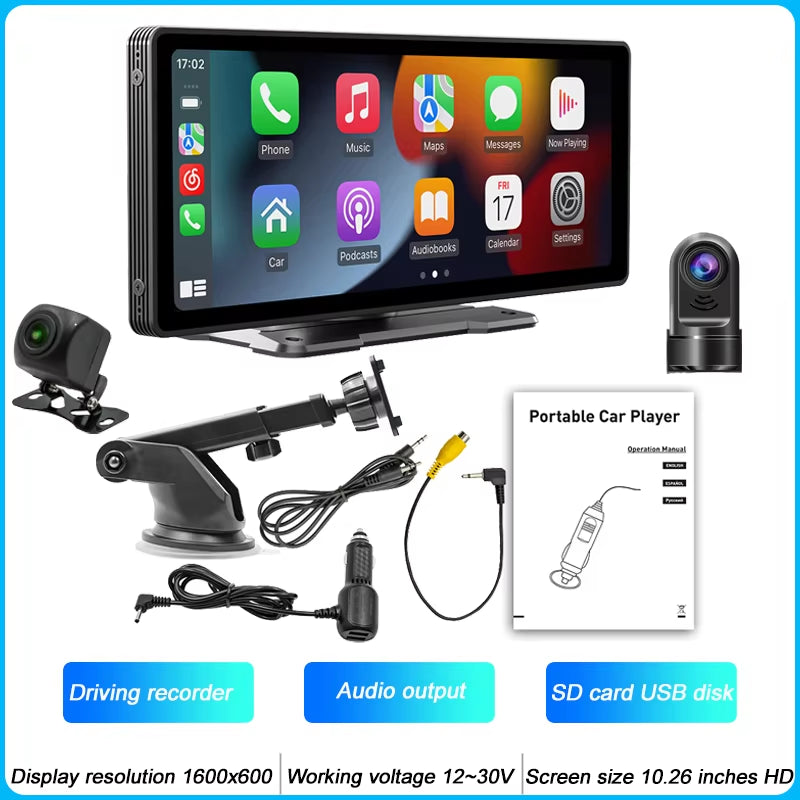 10.26 Inch Portable MP5 Multimedia Video Player Android Auto Wireless Carplay Screen HD Rear Reversing Camera Car Radio / B5303-Dvr-Ahd