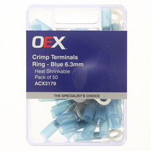 Load image into Gallery viewer, Blue heat shrink ring terminal OEX ACX3179 6.3mm ID 50 pack