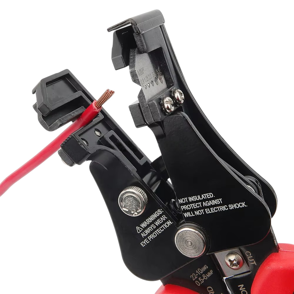 Close-up of a wire crimping tool with red wire on a white background