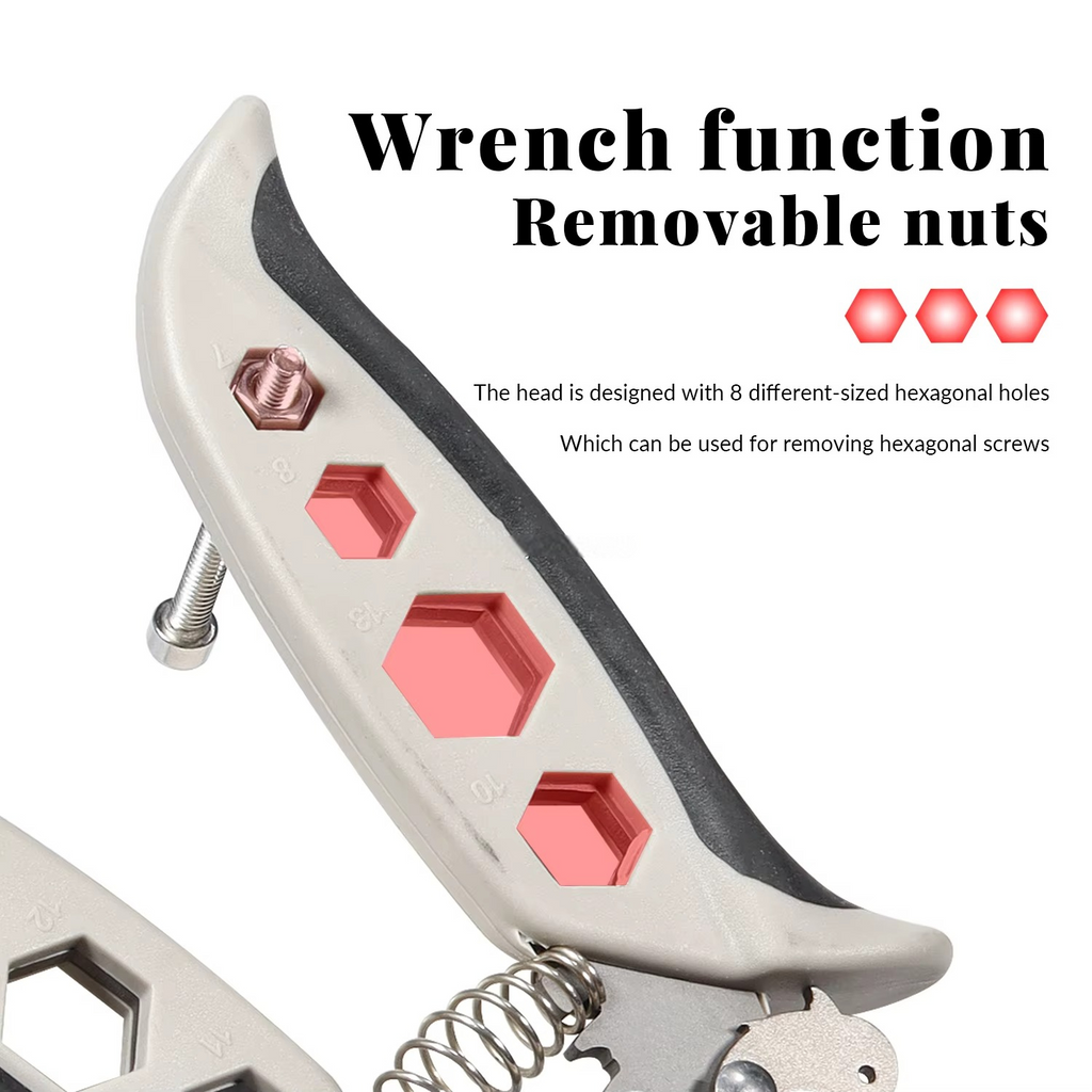 Wrench tool with removable nuts and hexagonal holes on a white background
