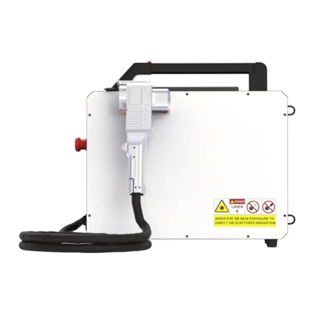 White laser machine with safety warning labels on a white background