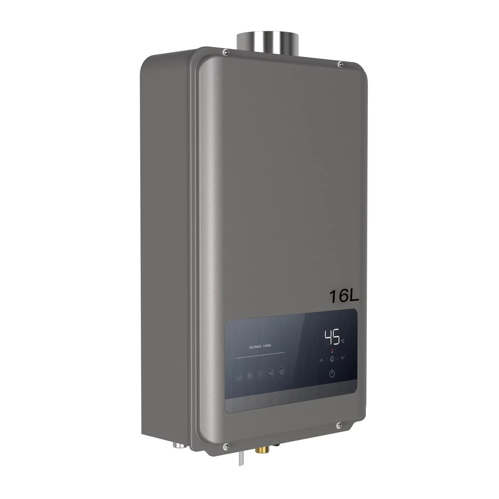 Gray water heater with digital display on a white background