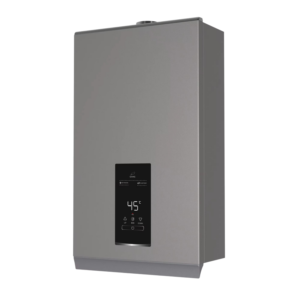 Gray water heater with digital display on a white background